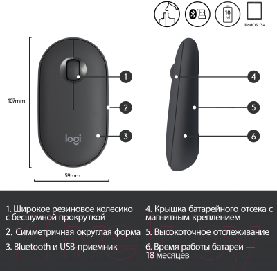 Мышь Logitech Pebble M350 Graphite / 910-005718