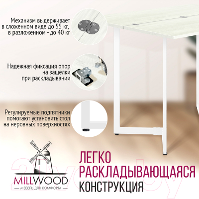 Обеденный стол Millwood Арлен 1 38-76x110x76 (дуб белый Craft/металл белый)