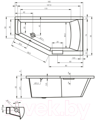 Ванна акриловая Riho Geta 160x90 L / BA87005 (с ножками)