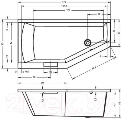 Ванна акриловая Riho Geta 170 R / BA88005