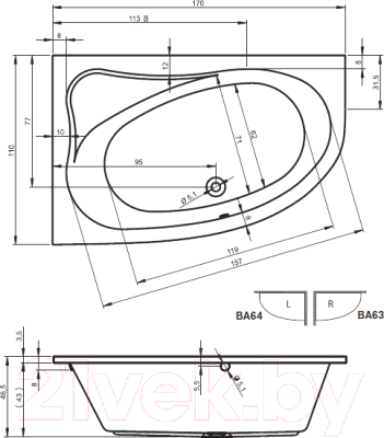 Ванна акриловая Riho Lyra 170 R / BA63005