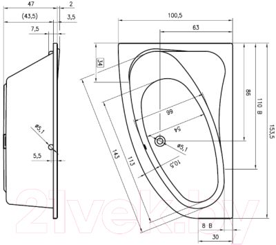 Ванна акриловая Riho Lyra 153 R / BA67005