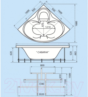 Ванна акриловая Triton Сабина 160x160 (с каркасом, экраном и сифоном)