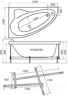 Ванна акриловая Triton Изабель 170x100 L (с каркасом экраном и сифоном)