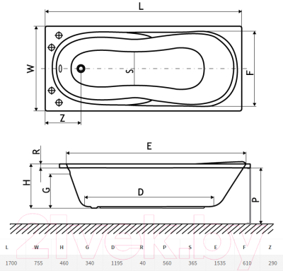 Ванна акриловая Excellent Sekwana 170x75 (с ножками)