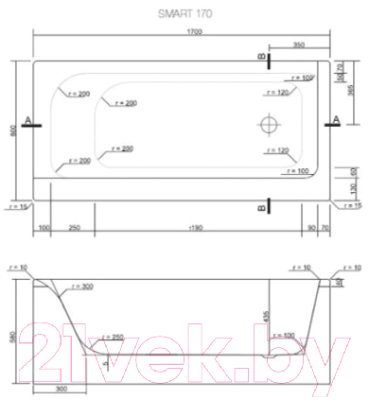 Ванна акриловая Cersanit Smart 170x80 L / P-WP-SMARTx170-LNL (с каркасом)