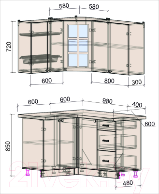 Кухонный гарнитур Интерлиния Мила Деко 1.2x1.4