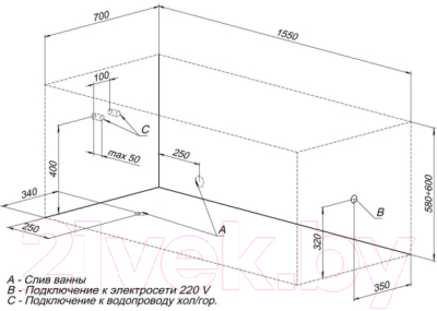 Ванна акриловая Aquanet Bright 155x70