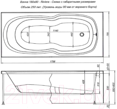 Ванна акриловая Aquanet Riviera 180x80