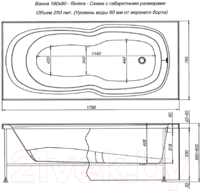 Ванна акриловая Aquanet Riviera 180x80