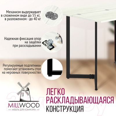 Обеденный стол Millwood Арлен 3 147x38-76x76 (дуб белый Craft/металл черный)