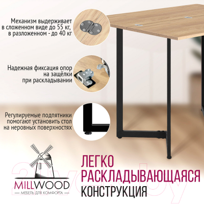 Обеденный стол Millwood Арлен 3 147x38-76x76 (дуб золотой Craft/металл черный)