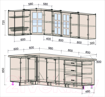 Кухонный гарнитур Интерлиния Мила Деко 1.2x2.6