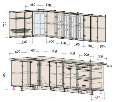 Кухонный гарнитур Интерлиния Мила Деко 1.2x2.8