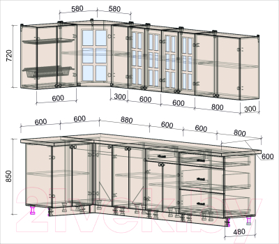 Кухонный гарнитур Интерлиния Мила Деко 1.2x2.9