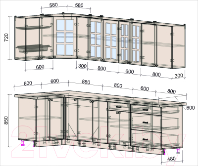 Кухонный гарнитур Интерлиния Мила Деко 1.2x3.1