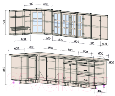 Кухонный гарнитур Интерлиния Мила Деко 1.2x3.2