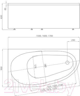 Ванна акриловая Aquatek Дива 170x90 R (с ножками)