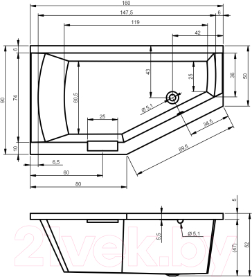 Ванна акриловая Riho Geta 160x90 R / BA86005 (с ножками)