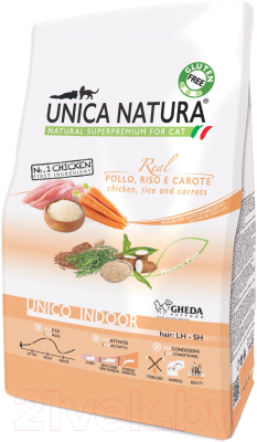 Сухой корм для кошек Gheda Petfood Unica Natura Indoor курица, рис, морковь - фото