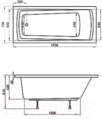 Ванна акриловая Ravak Domino Plus 170x75 / 70508024 (с ножками и сливом)