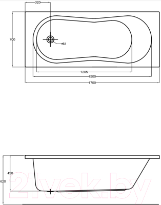 Ванна акриловая Cersanit Nike 170x70 / WP-NIKE-170-W (без ножек)