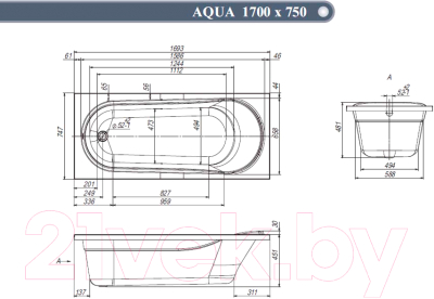 Ванна акриловая Ventospa Aqua 170x75 (с каркасом)