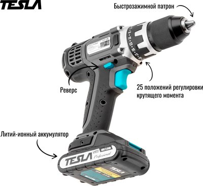 Аккумуляторная дрель-шуруповерт Tesla TCD182DC (621377)