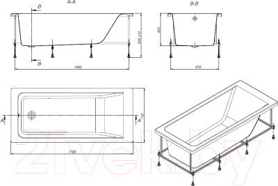 Ванна акриловая Roca Easy 170x75 / ZRU9302899 + ZRU9302900 + ZRU9302901