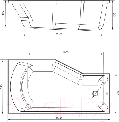 Ванна акриловая 1Марка Convey 150x75 R (с ножками)