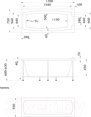 Ванна акриловая 1Марка Aelita 170x75