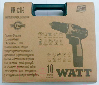Аккумуляторная дрель-шуруповерт Watt WAS-12Li-2 (1.012.027.12)