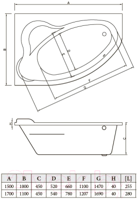 Ванна акриловая Bonito Home Rosa 150x100 L (с ножками)