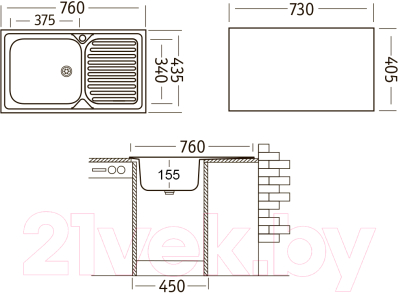 Мойка кухонная Ukinox CLM760.435 GT5K 2L (с сифоном)