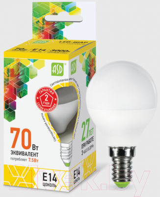 Лампа ASD LED Шар Standard 7.5Вт 230В Е14 3000К 675Лм