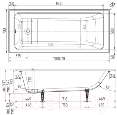 Ванна чугунная Wotte Вотте Line 170x70 / БП-э0000д1467 (с ножками)