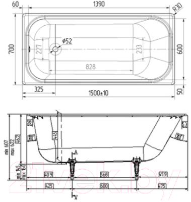 Ванна чугунная Wotte Старт 150x70 / П-э000001099 (с ножками)