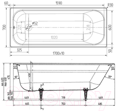 Ванна чугунная Wotte Старт 170x70 / БП-э0000д1139 (с ножками)