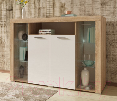 Тумба Памир Орландо с витриной (дуб сонома/белый глянец)