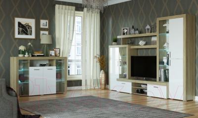 Тумба Памир Орландо с витриной (дуб сонома/белый глянец)