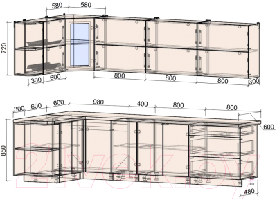 Готовая кухня Интерлиния Мила Матте 1.5x3.0 А левая
