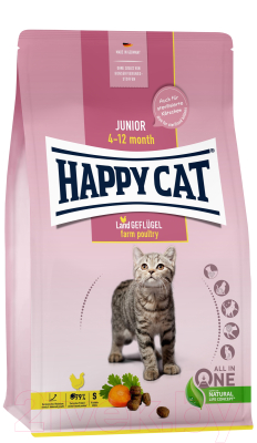 Сухой корм для кошек Happy Cat Junior 4-12 Month Land Geflugel птица, без злаков / 70539 - фото