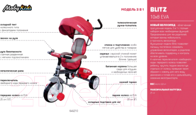 Трехколесный велосипед с ручкой Moby Kids Blitz 10x8 EVA / 646210