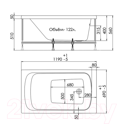 Ванна акриловая 1AcReal Gamma 120x70