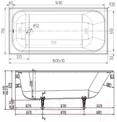 Ванна чугунная Wotte Старт 160х75 / БП-э000001106 (с ножками)