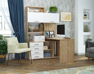 Письменный стол Памир ПКС-11 правый (дуб сонома/белый глянец)