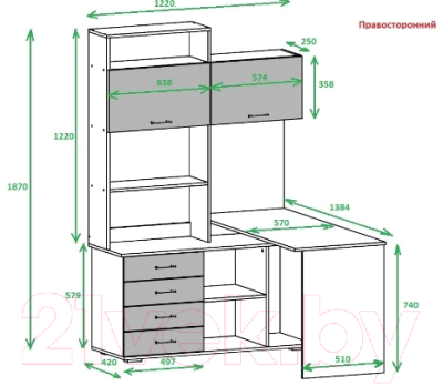 Письменный стол Памир ПКС-11 правый (дуб сонома/белый глянец)