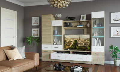 Шкаф-пенал с витриной Памир Элиза (дуб сонома/белый глянец)