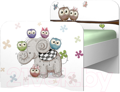 Односпальная кровать детская Премиум Смарти (белый/совята) - фото