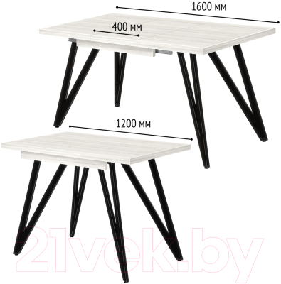 Обеденный стол Millwood Женева 3 Л раздвижной 120-160x80x76 (дуб белый Craft/металл черный)